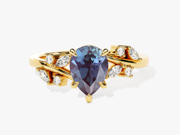 Pear Lab Alexandrite Engagement Ring with Moissanite Cluster