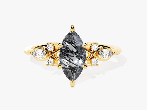 Marquise Black Rutilated Quartz Engagement Ring with Moissanite Cluster