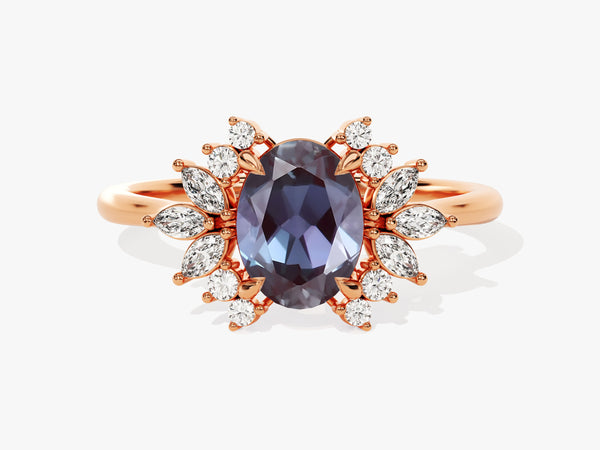 Oval Lab Alexandrite Engagement Ring with Moissanite Cluster