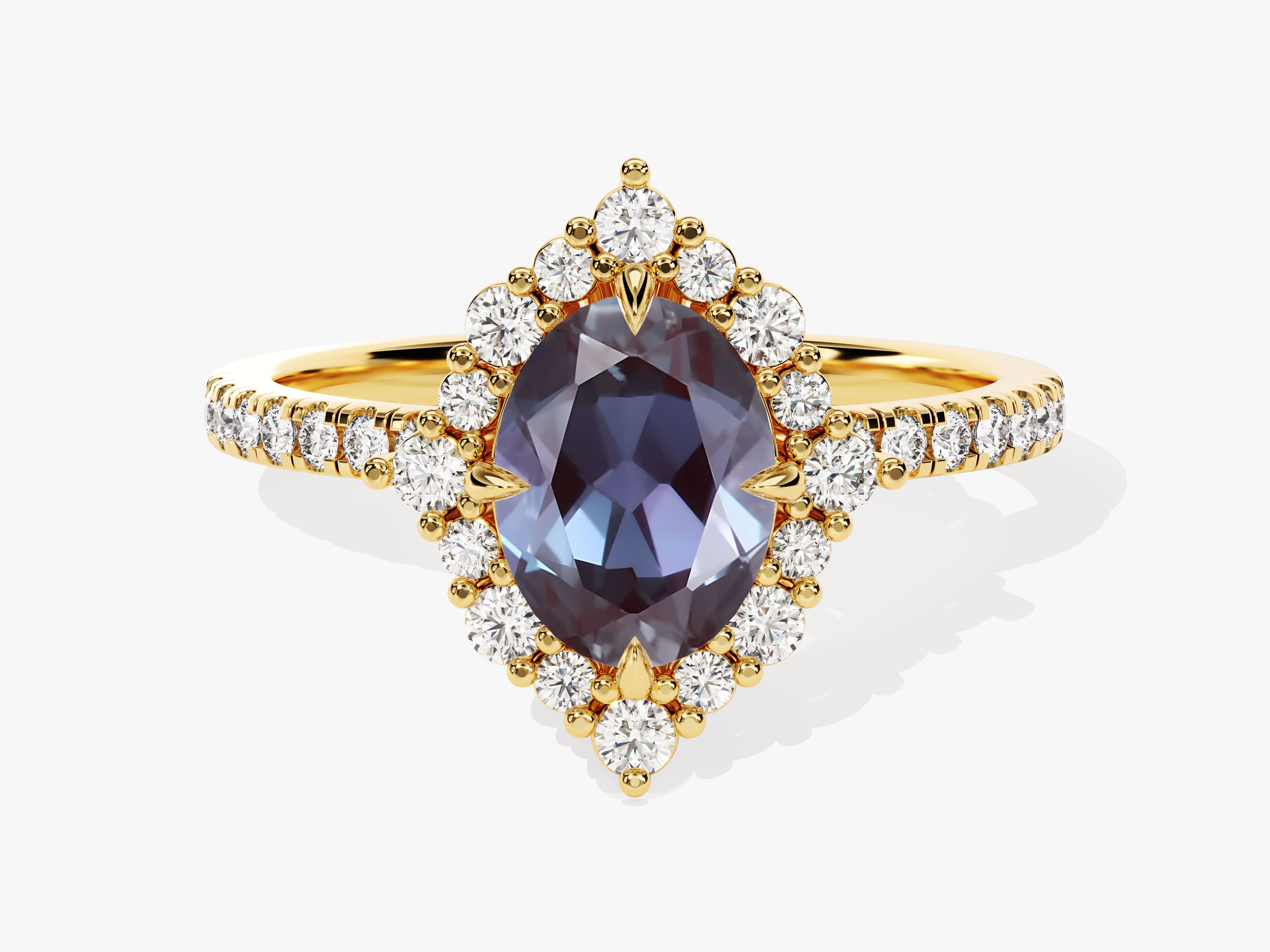 Gold ring with oval alexandrite and diamond halo