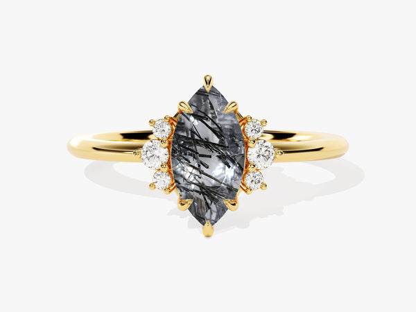 Marquise Black Rutilated Quartz Engagement Ring with Round Moissanite Sidestones