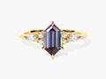 Long Hexagon Lab Alexandrite Engagement Ring with Marquise Moissanite Sidestones