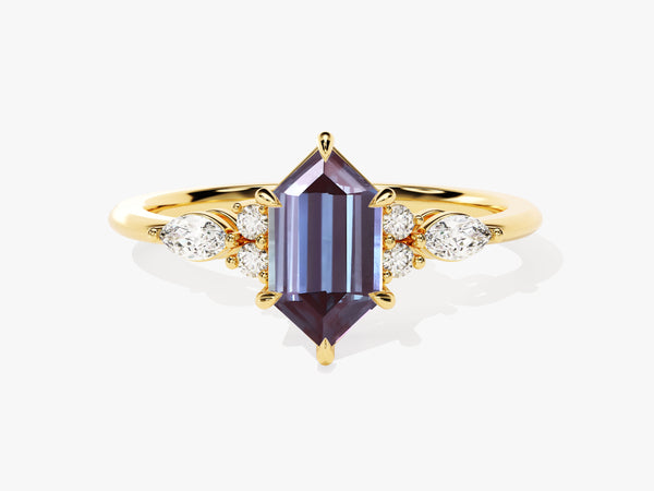 Long Hexagon Lab Alexandrite Engagement Ring with Marquise Moissanite Sidestones