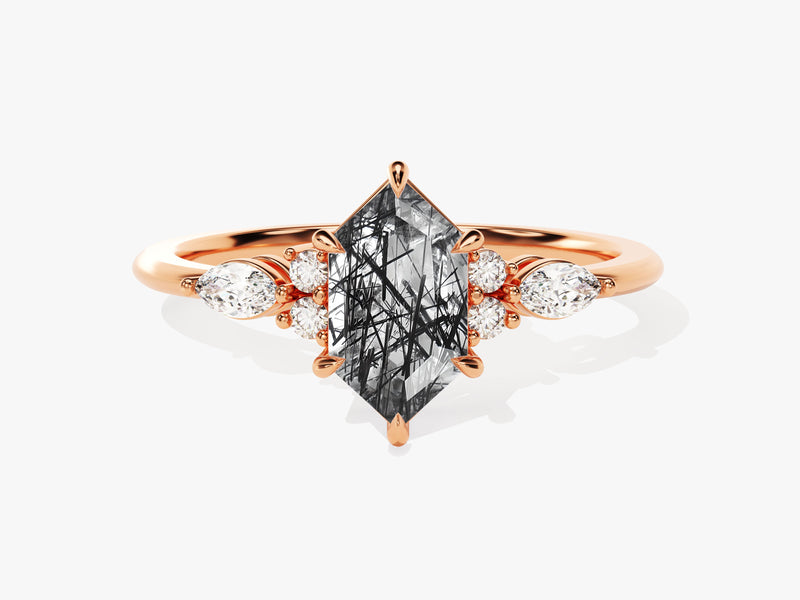 Long Hexagon Black Rutilated Quartz Engagement Ring with Marquise Moissanite Sidestones