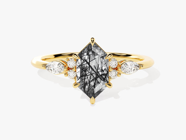 Long Hexagon Black Rutilated Quartz Engagement Ring with Marquise Moissanite Sidestones