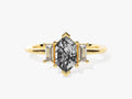 Long Hexagon Black Rutilated Quartz Engagement Ring with Baguette Moissanite Sidestones