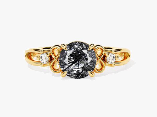 Art Deco Black Rutilated Quartz Engagement Ring with Moissanite Sidestones