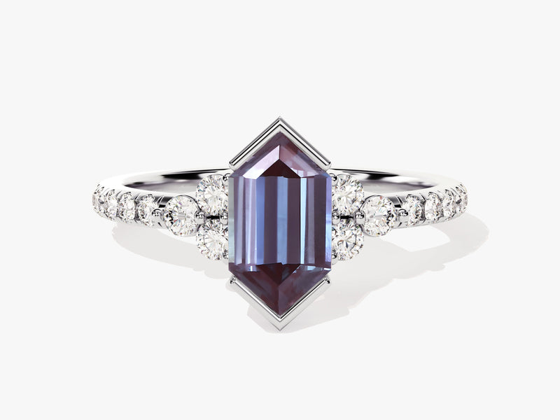 Long Hexagon Lab Alexandrite Engagement Ring with Pave Set Moissanite Sidestones