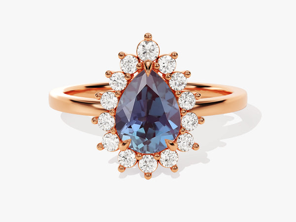 Pear-shaped alexandrite ring with diamond halo, rose gold setting