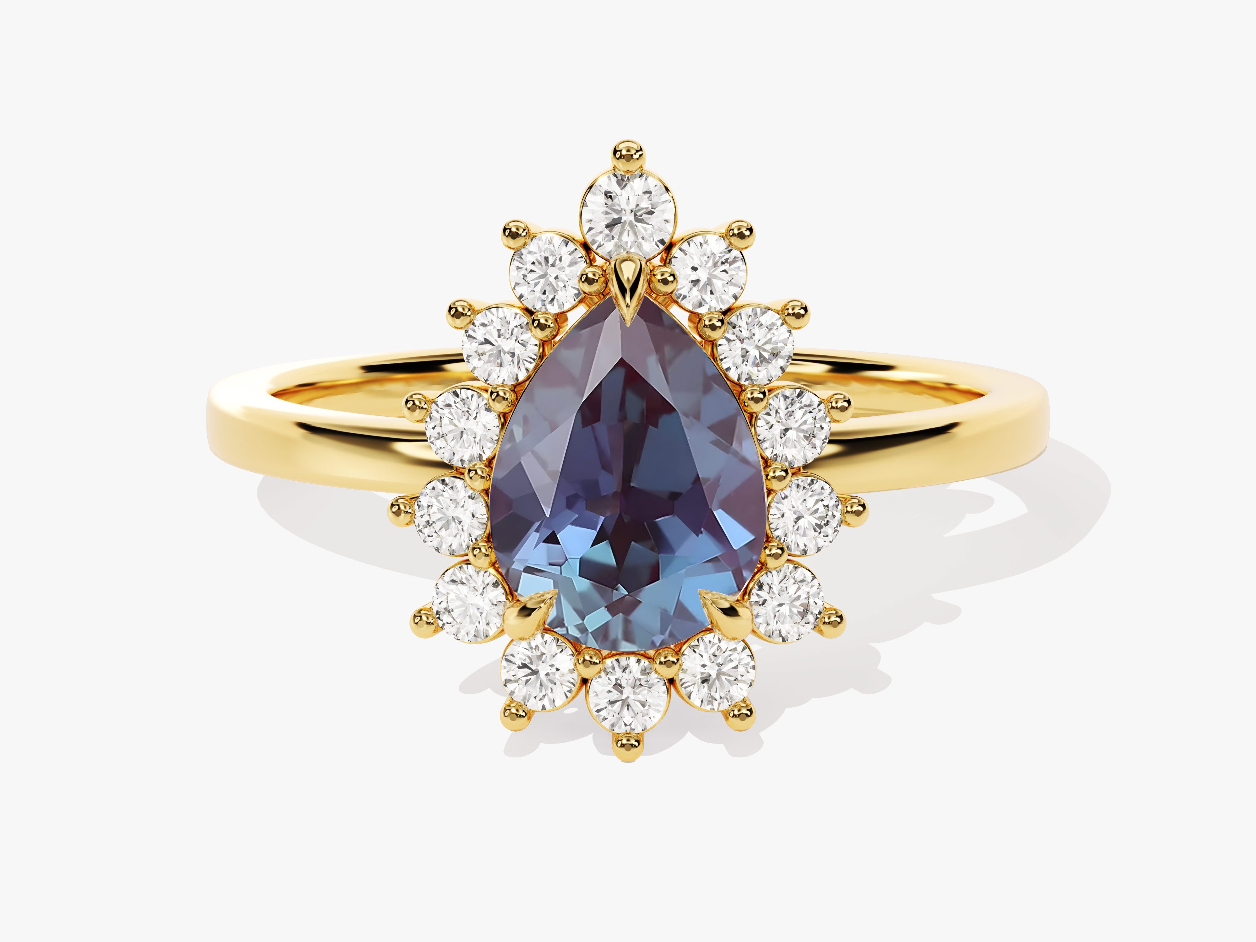 Gold ring with pear-shaped alexandrite and diamond halo
