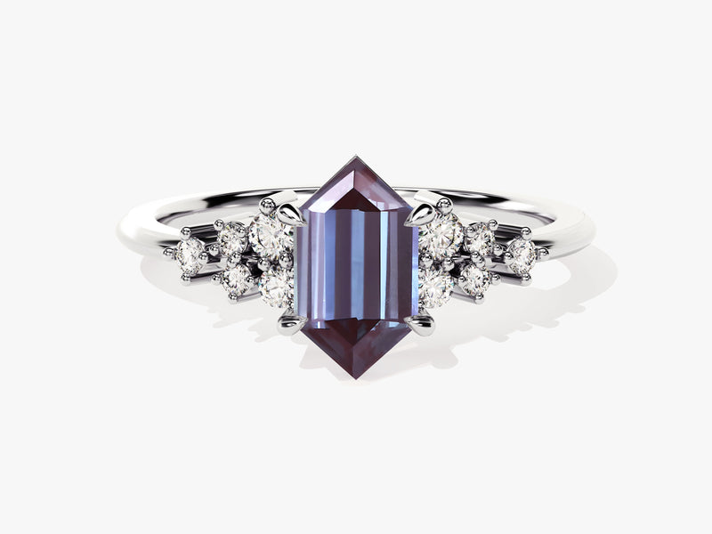 Long Hexagon Lab Alexandrite Engagement Ring with Moissanite Cluster