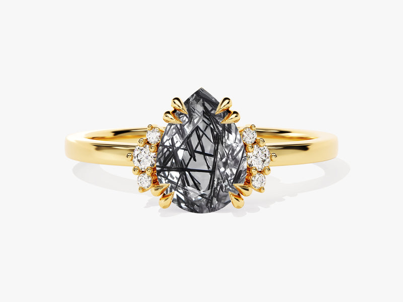 Pear Black Rutilated Quartz Engagement Ring with Round Moissanite Sidestones