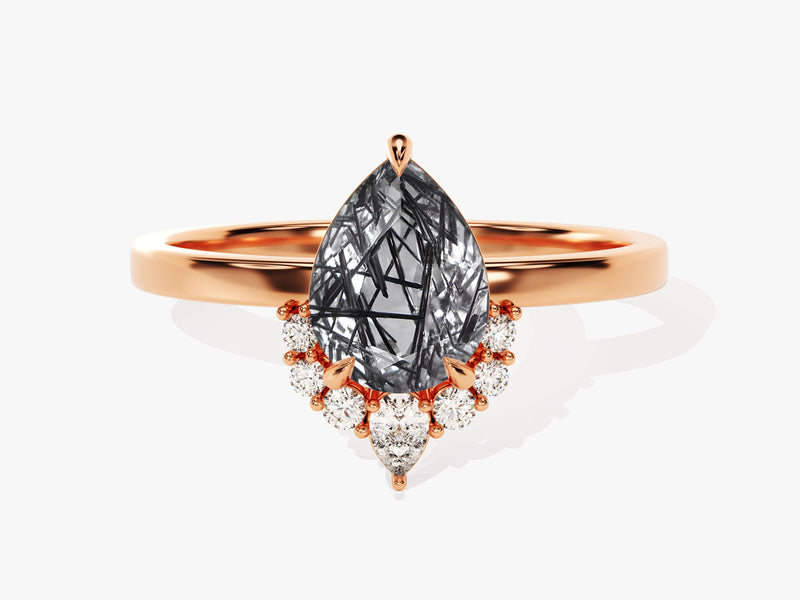 Pear Black Rutilated Quartz Vintage Engagement Ring with Moissanite