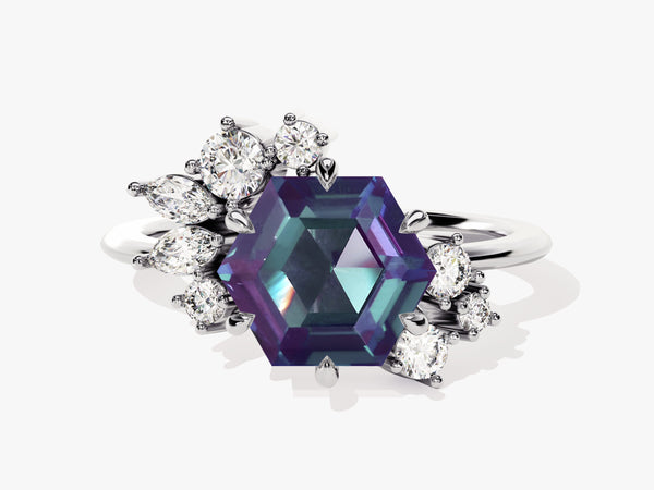 Hexagon Lab Alexandrite Vintage Engagement Ring with Moissanite Cluster