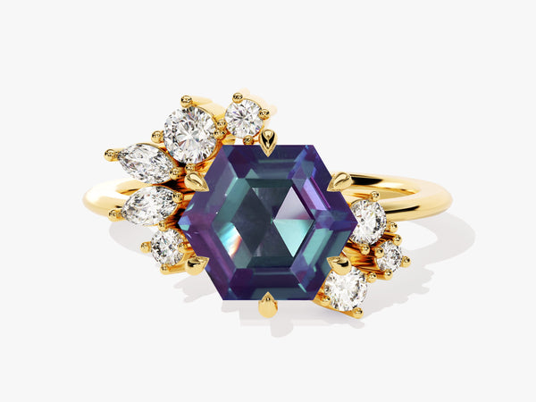 Hexagon Lab Alexandrite Vintage Engagement Ring with Moissanite Cluster