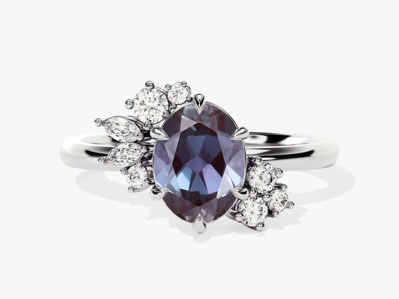 Oval Lab Alexandrite Engagement Ring with Round Moissanite Cluster