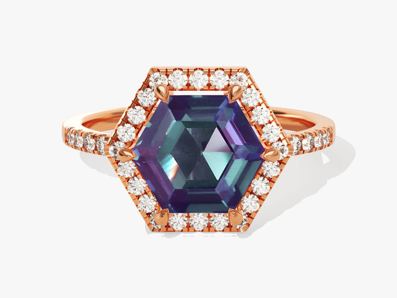 Halo Hexagon Lab Alexandrite Engagement Ring with Pave Set Moissanite Sidestones