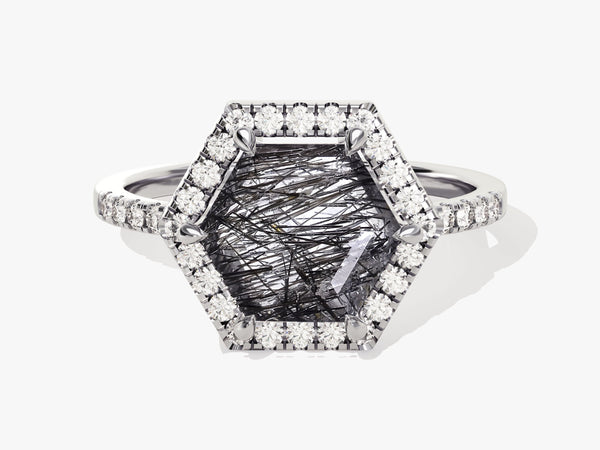 Hexagonal rutilated quartz diamond halo ring jewelry