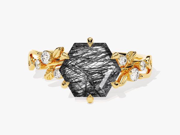Hexagon Black Rutilated Quartz Nature-Inspired Engagement Ring with Moissanite Sidestones