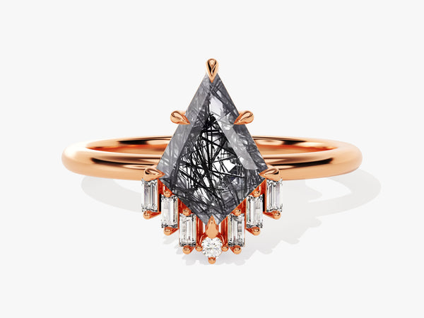 Rose gold ring with unique black diamond and baguette diamonds