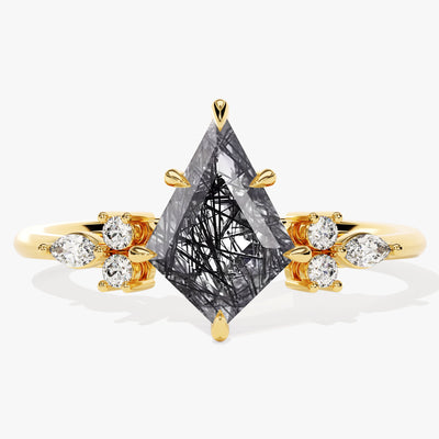 Kite Black Rutilated Quartz Engagement Ring with Marquise Moissanite Sidestones