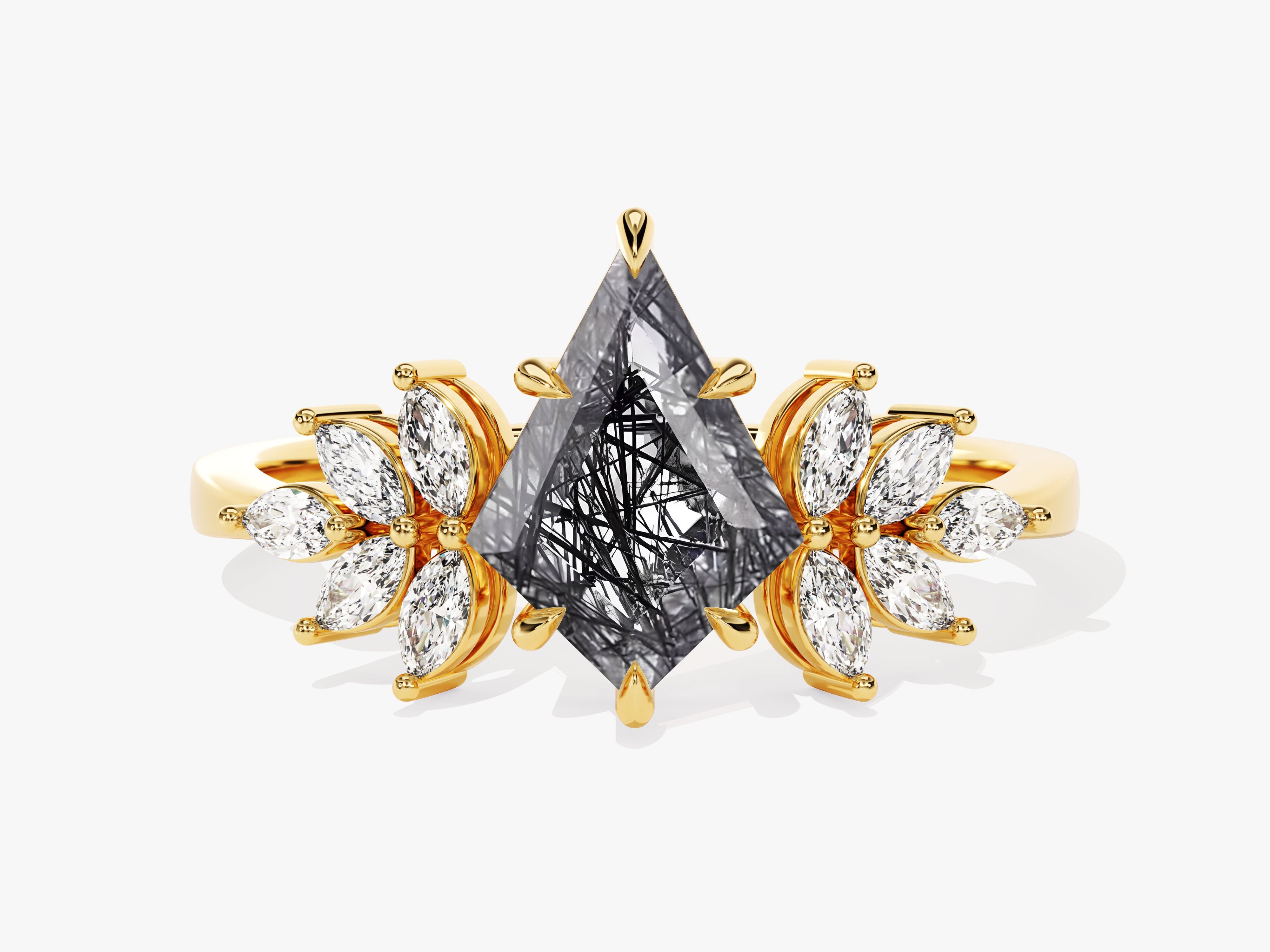Gold ring with black rutile quartz and marquise diamonds