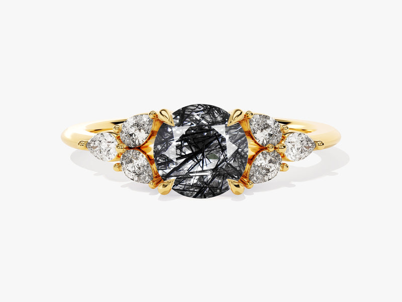 Round Black Rutilated Quartz Engagement Ring with Pear Moissanite Sidestones