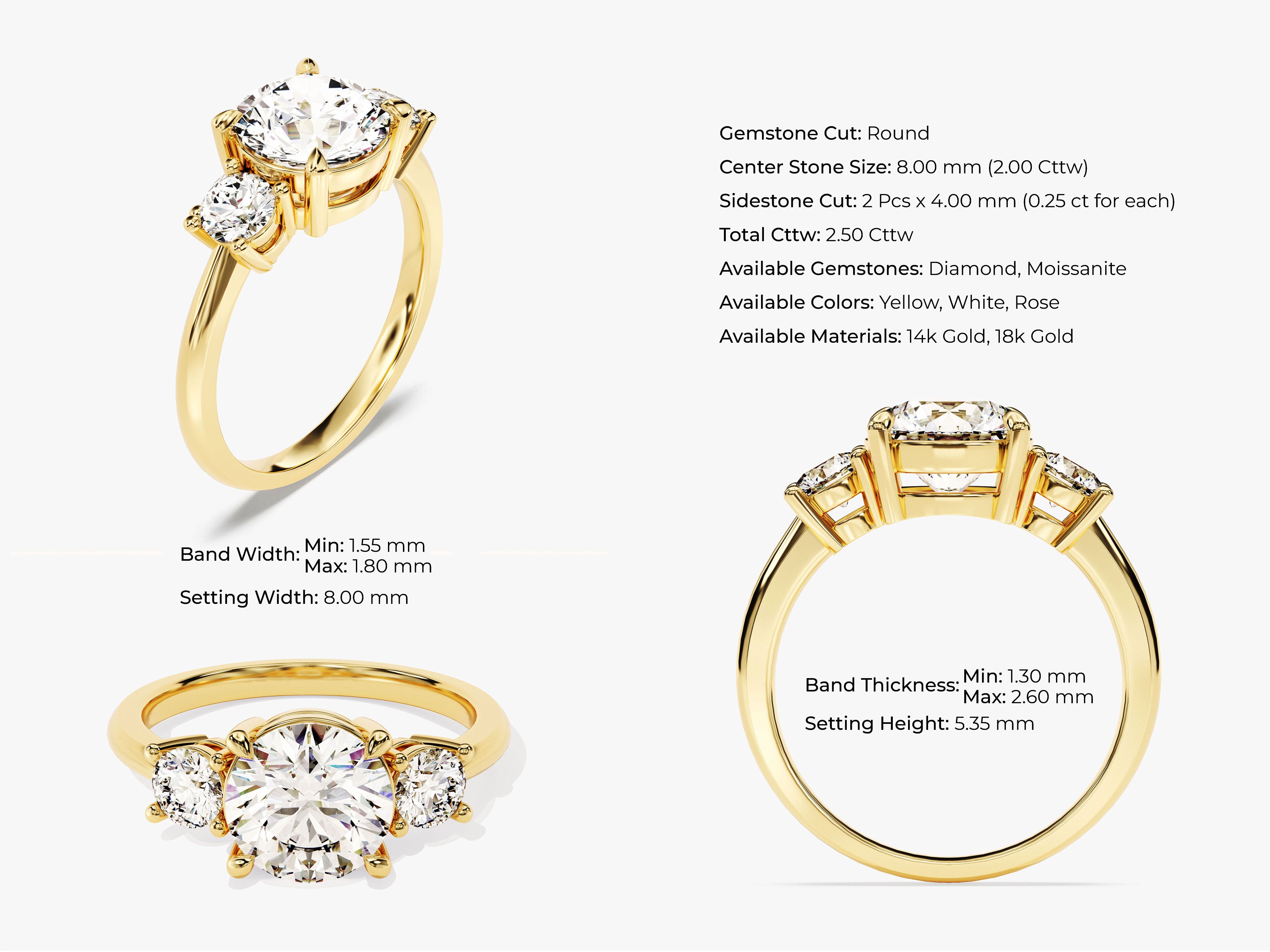 Gold three-stone diamond engagement ring with round center stone