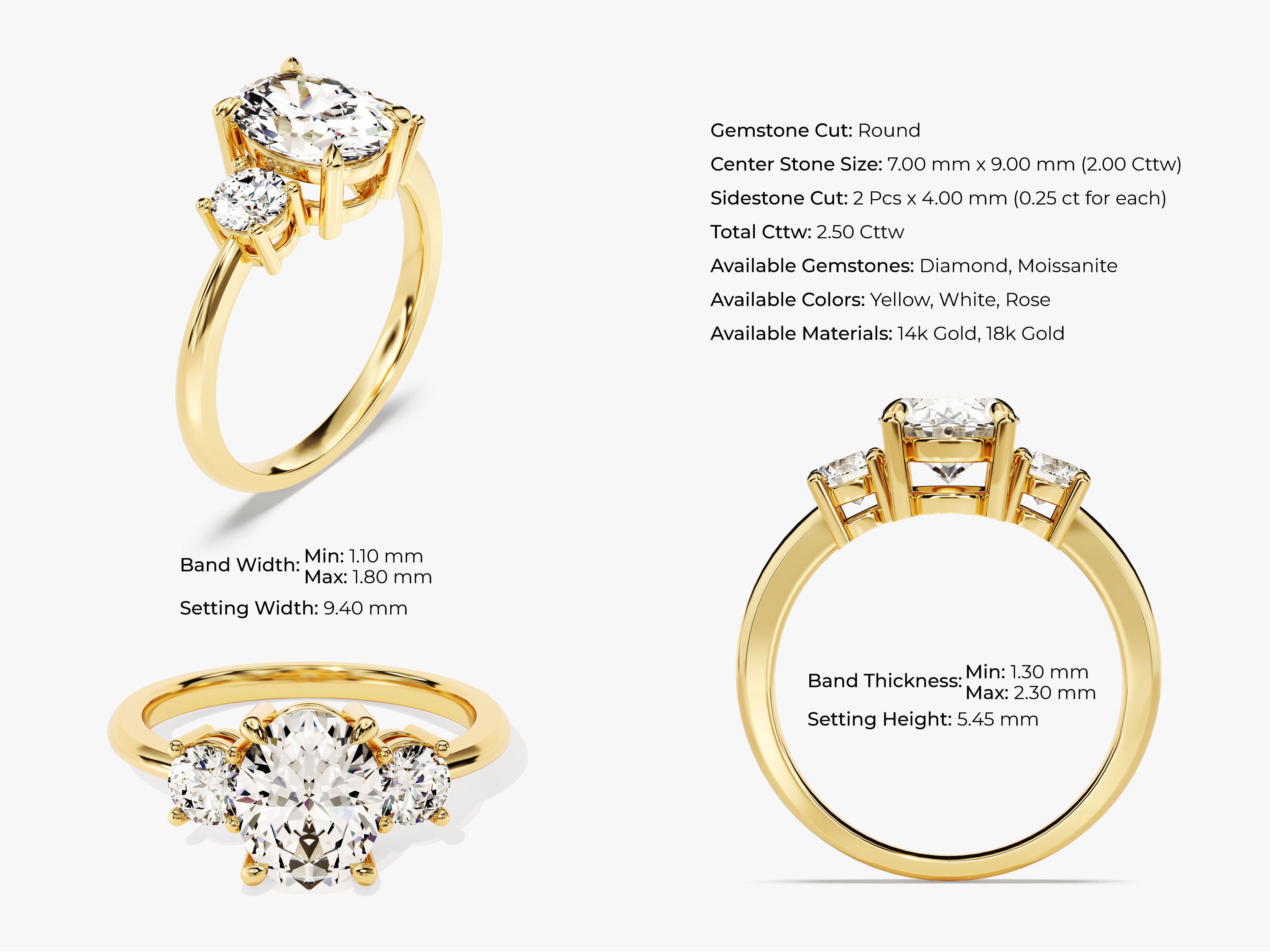 Classic Basket Set Three Stone Oval Moissanite Engagement Ring (2.50 CT TW)