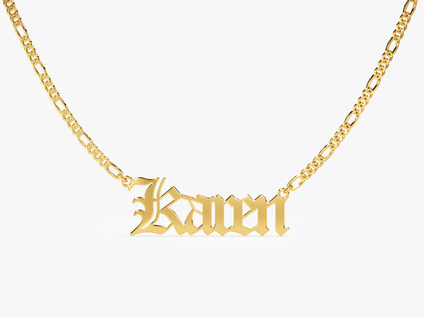 14k Solid Gold Figaro Old English Font Name Necklace