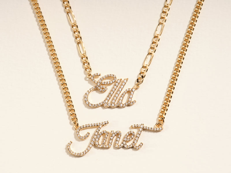 14k Solid Gold Figaro Chain Diamond Name Necklace