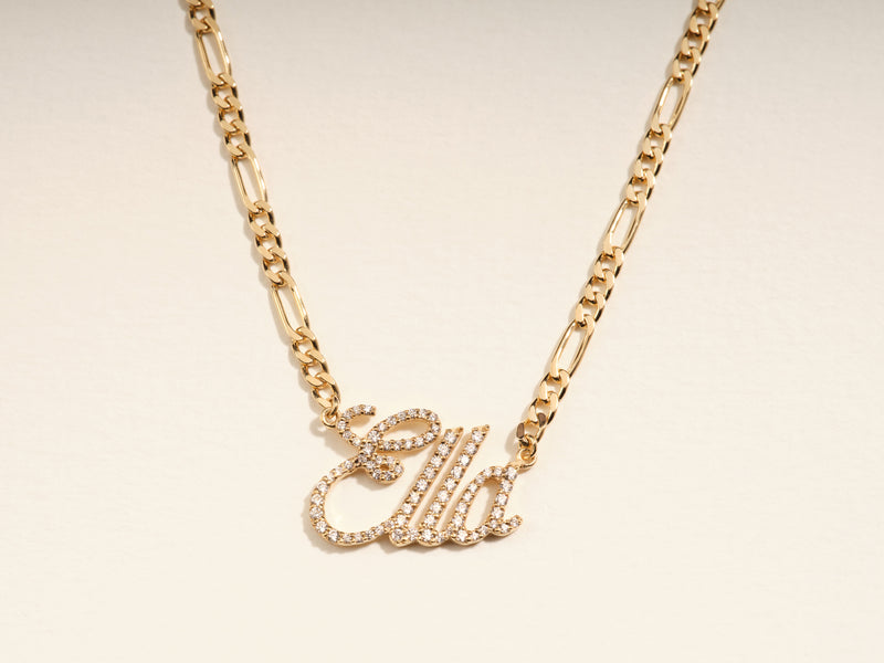 14k Solid Gold Figaro Chain Diamond Name Necklace
