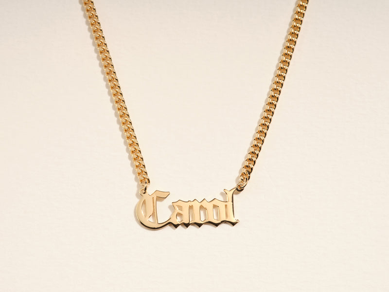 14k Solid Gold Cuban Chain Old English Font Name Necklace