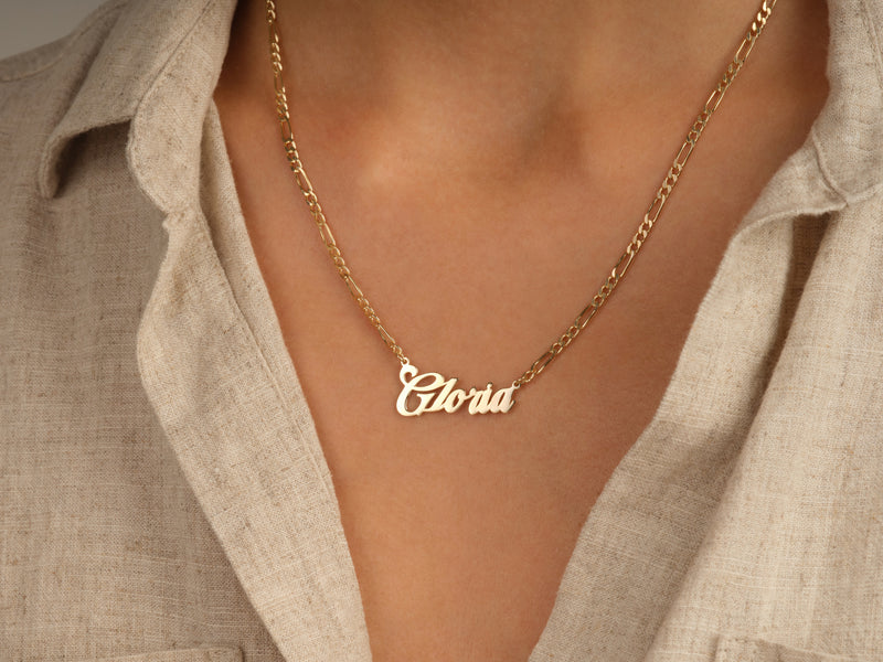 14k Solid Gold Figaro Chain Bold Name Necklace