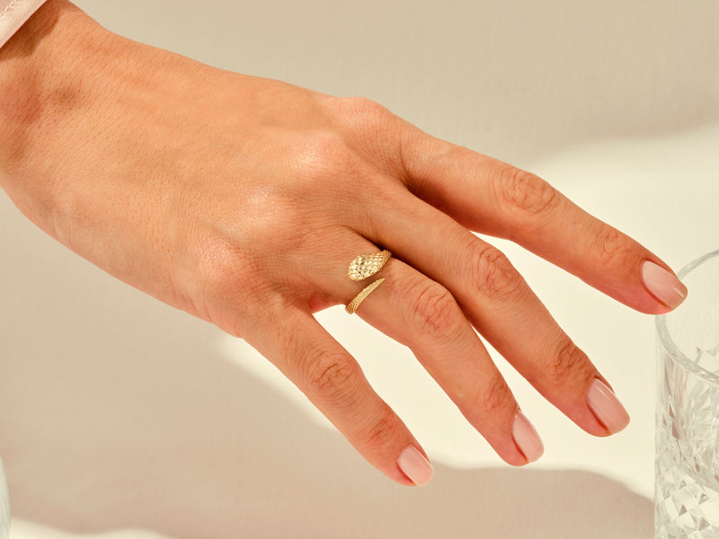 14k Gold, 18k Gold, Yellow, White, Rose, Yellow Gold Bold Snake Ring on a Woman's Finger