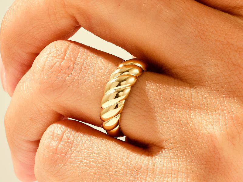 14k Gold, 18k Gold, Yellow, White, Rose, Yellow Gold Croissant Ring on a Woman's Finger 