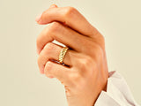14k Gold, 18k Gold, Yellow, White, Rose, Yellow Gold Croissant Ring on a Woman's Finger