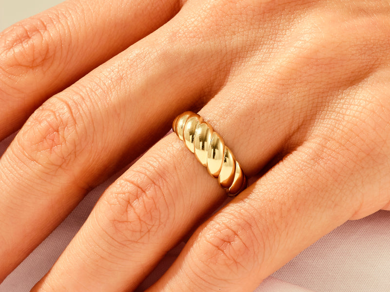 14k Gold, 18k Gold, Yellow, White, Rose, Yellow Gold Croissant Ring on a Woman's Finger