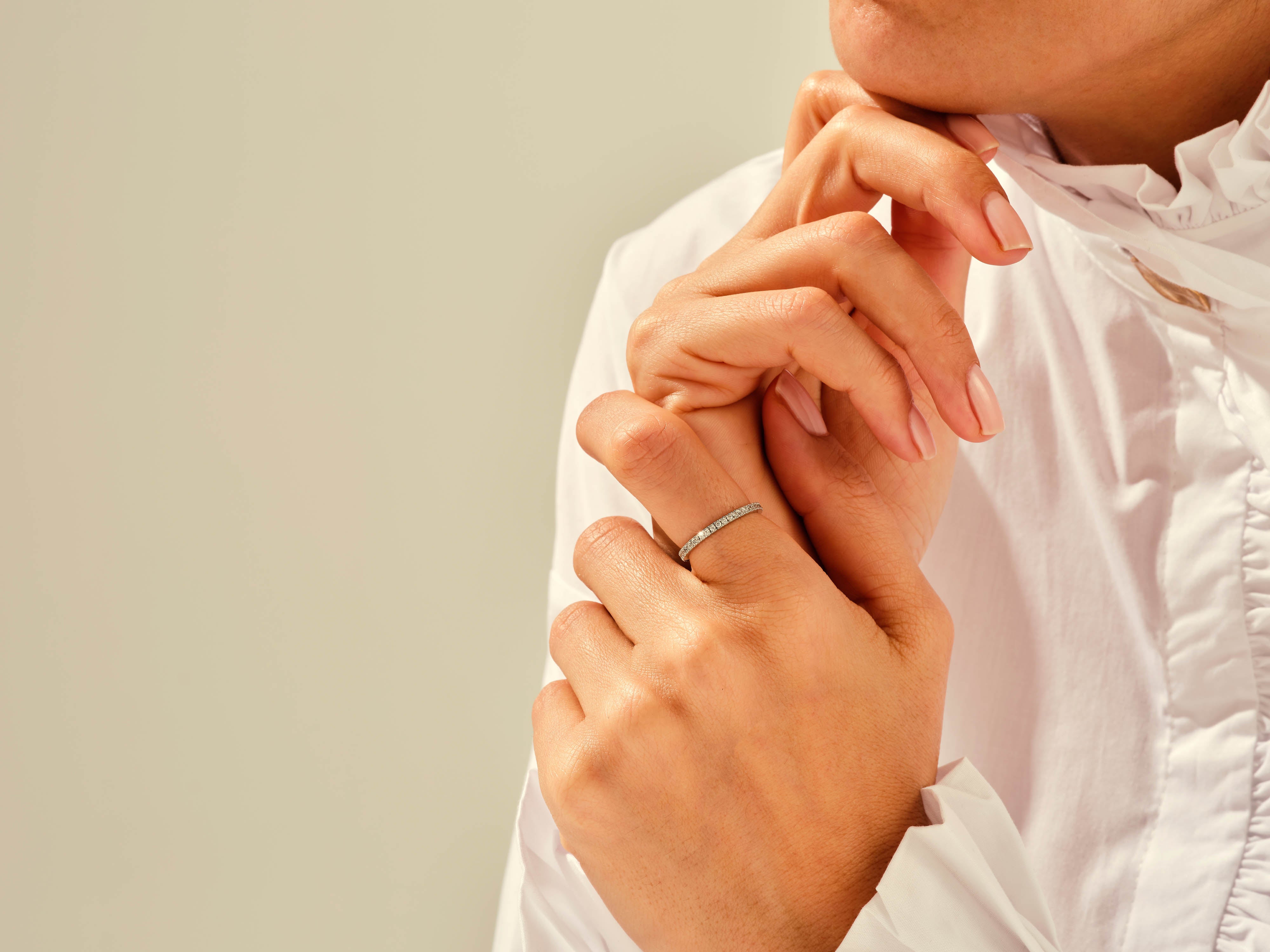 Diamond band ring on hand, elegant jewelry for women