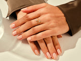 14k gold, 18k gold, yellow, white, rose, Elegant Double Flower Bypass Diamond Ring on a Woman's Finger