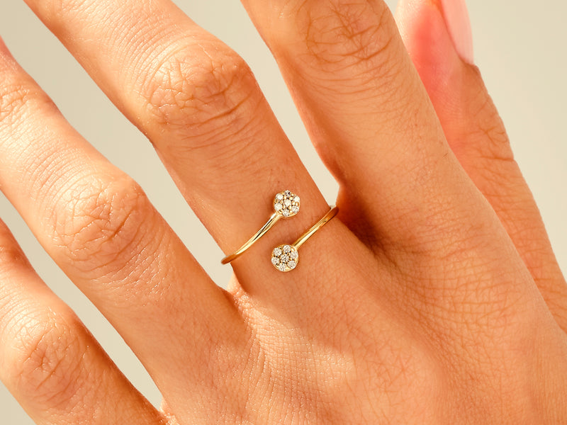 14k gold, 18k gold, yellow, white, rose, Elegant Double Flower Bypass Diamond Ring on a Woman's Finger