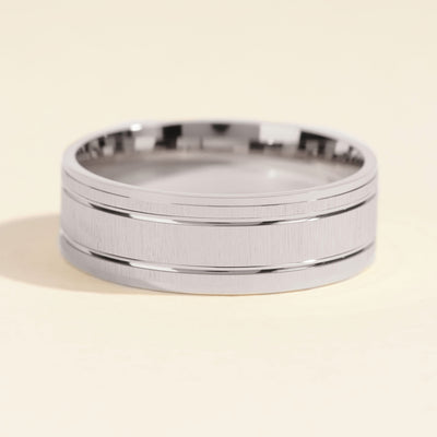 7mm Horizontal Thick Brushed and Double Grooved Men's Gold Wedding Band