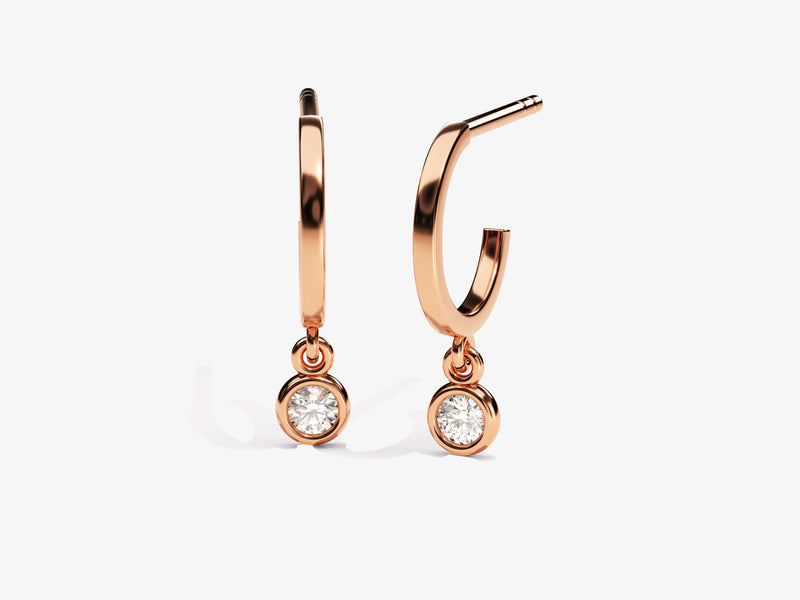 14k Gold, Yellow, White, Rose, 14k Minimalist Rose Gold Huggie Earrings with Bezel Set Diamonds for women