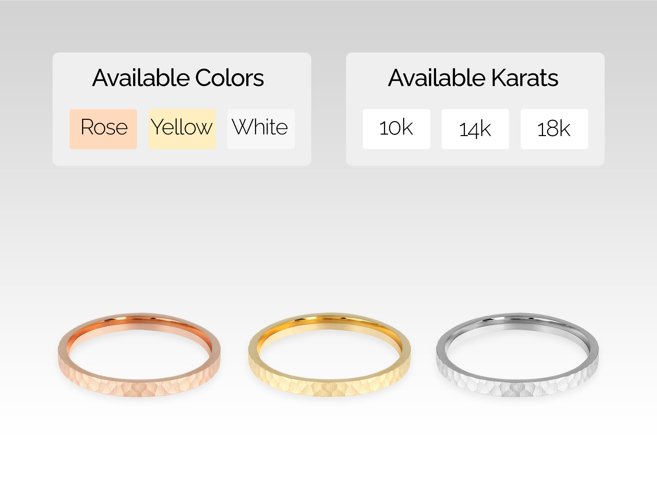 Jewelry rings in rose, yellow, and white gold, available in 10k, 14k, 18k