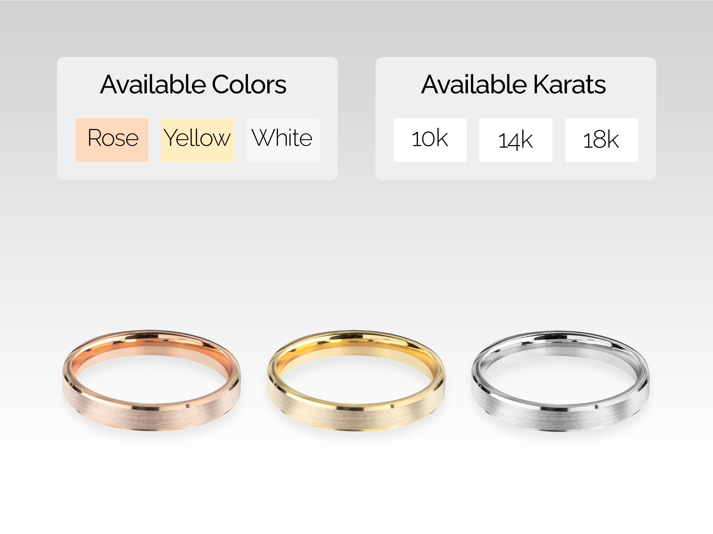 Jewelry rings in rose, yellow, white gold, 10k, 14k, 18k