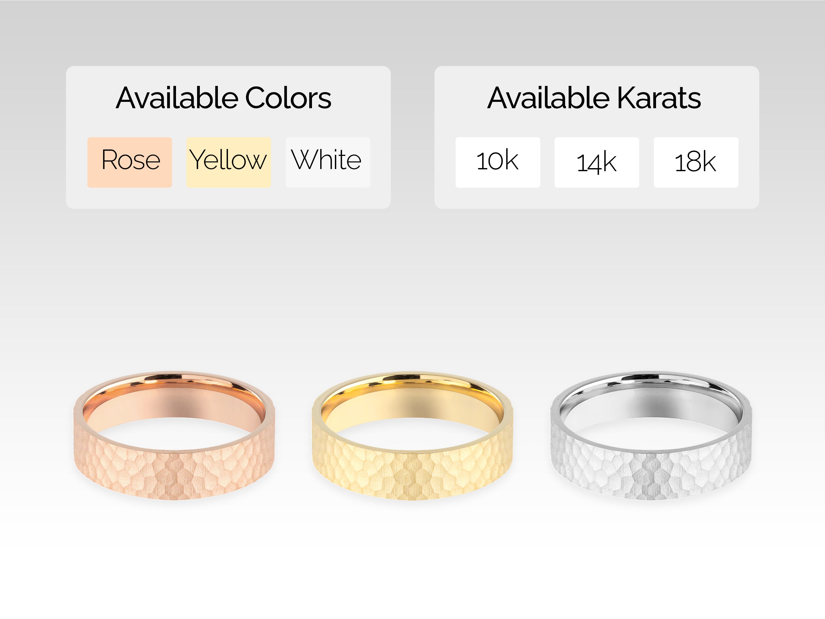 Hammered texture wedding bands in rose, yellow, and white gold