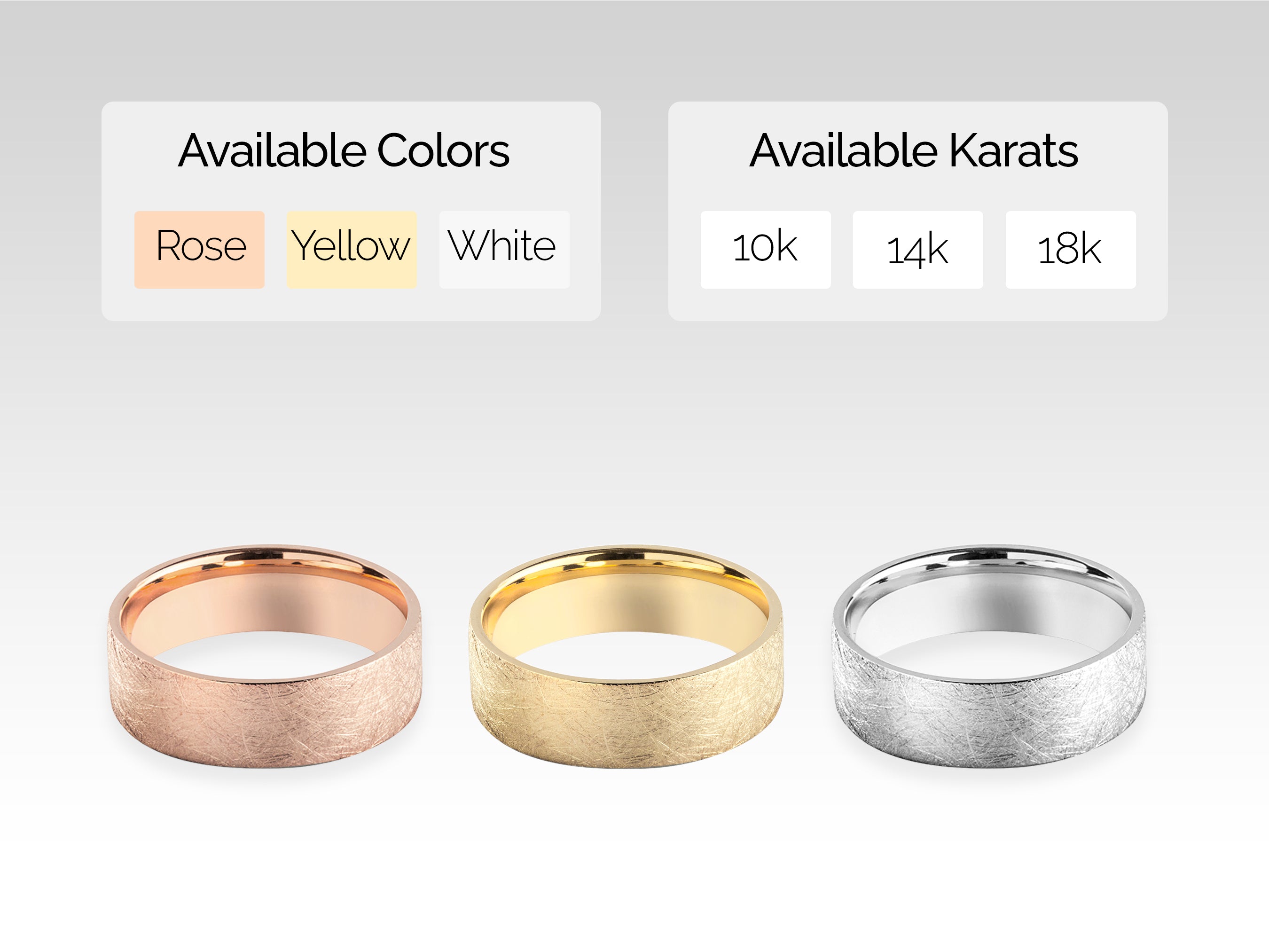 Jewelry rings available in rose, yellow, white gold, and various karats