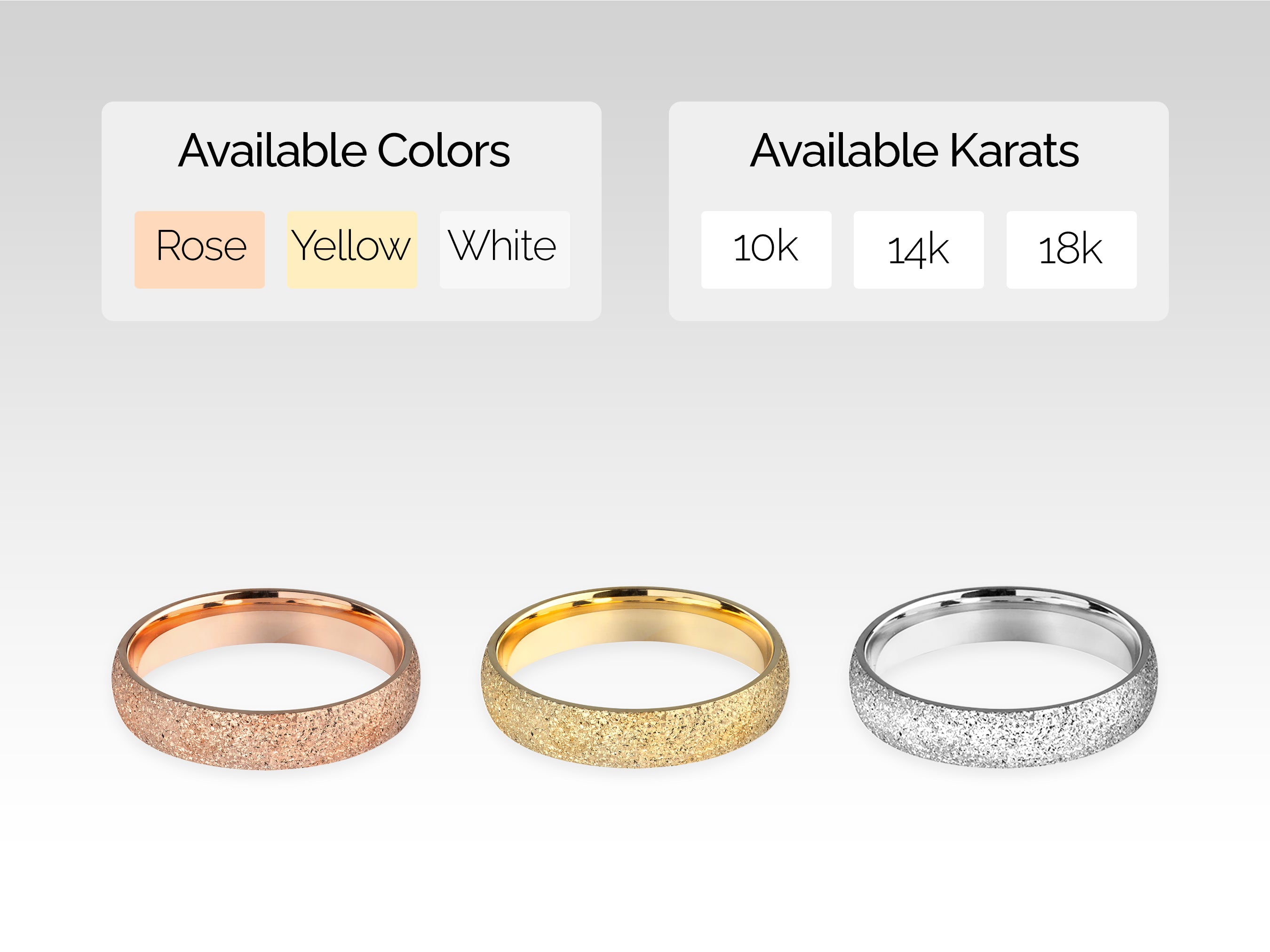 Jewelry rings available in rose, yellow, white gold, and multiple karats