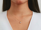 A video of a women model showing a yellow gold prong set round cut lab diamond solitaire pendant on her neck