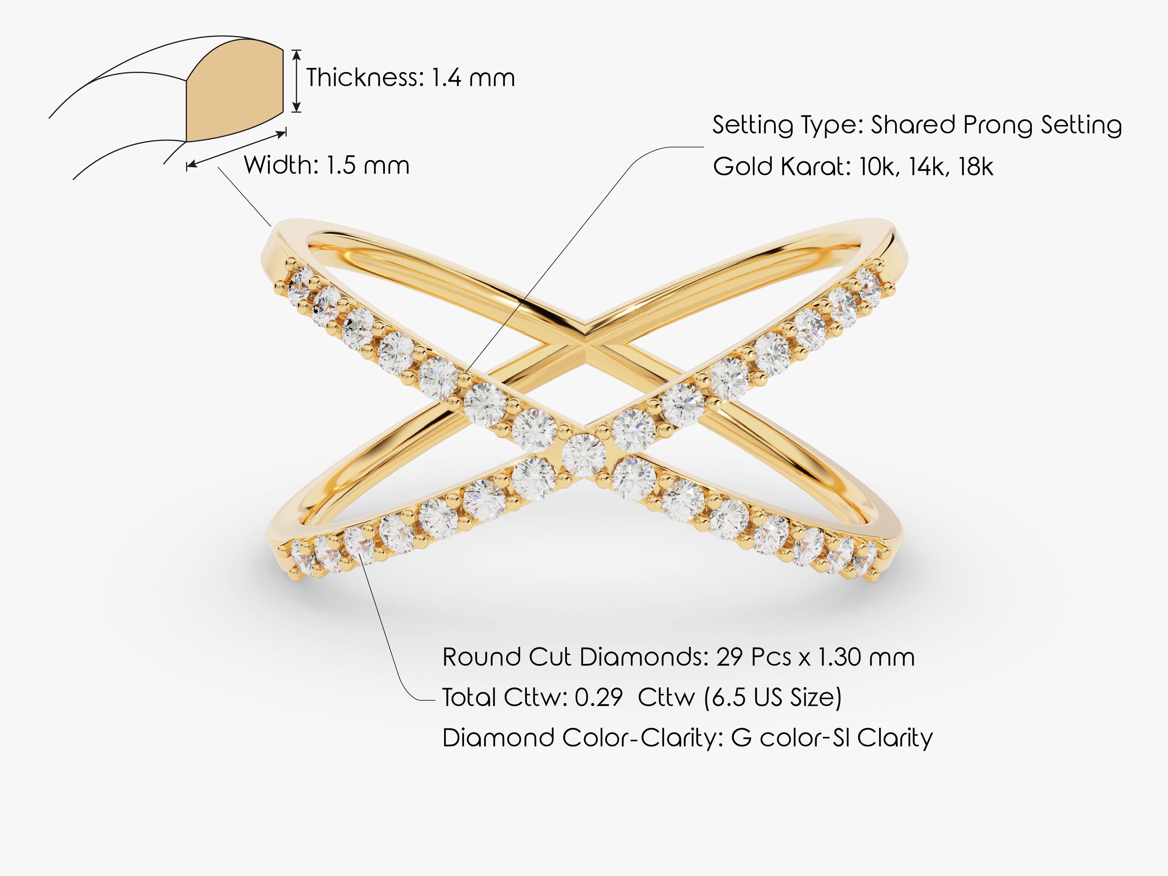 Diamond criss-cross ring, 14k gold, shared prong setting